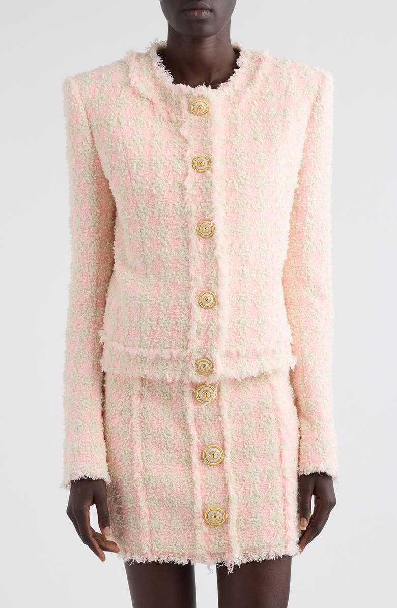 Balmain Five-Button Collarless Tweed Jacket, Main, color, 