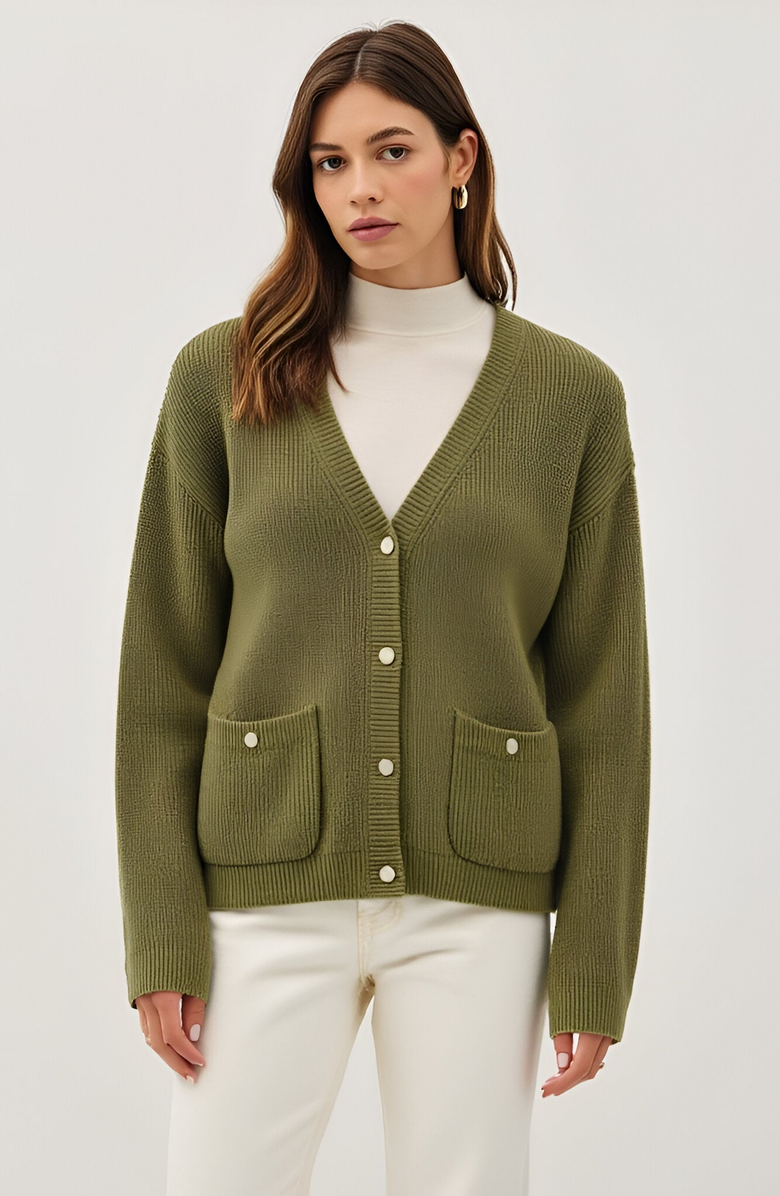 Modenaire Ribbed Button Down Cardigan, Main, color, Olive Green