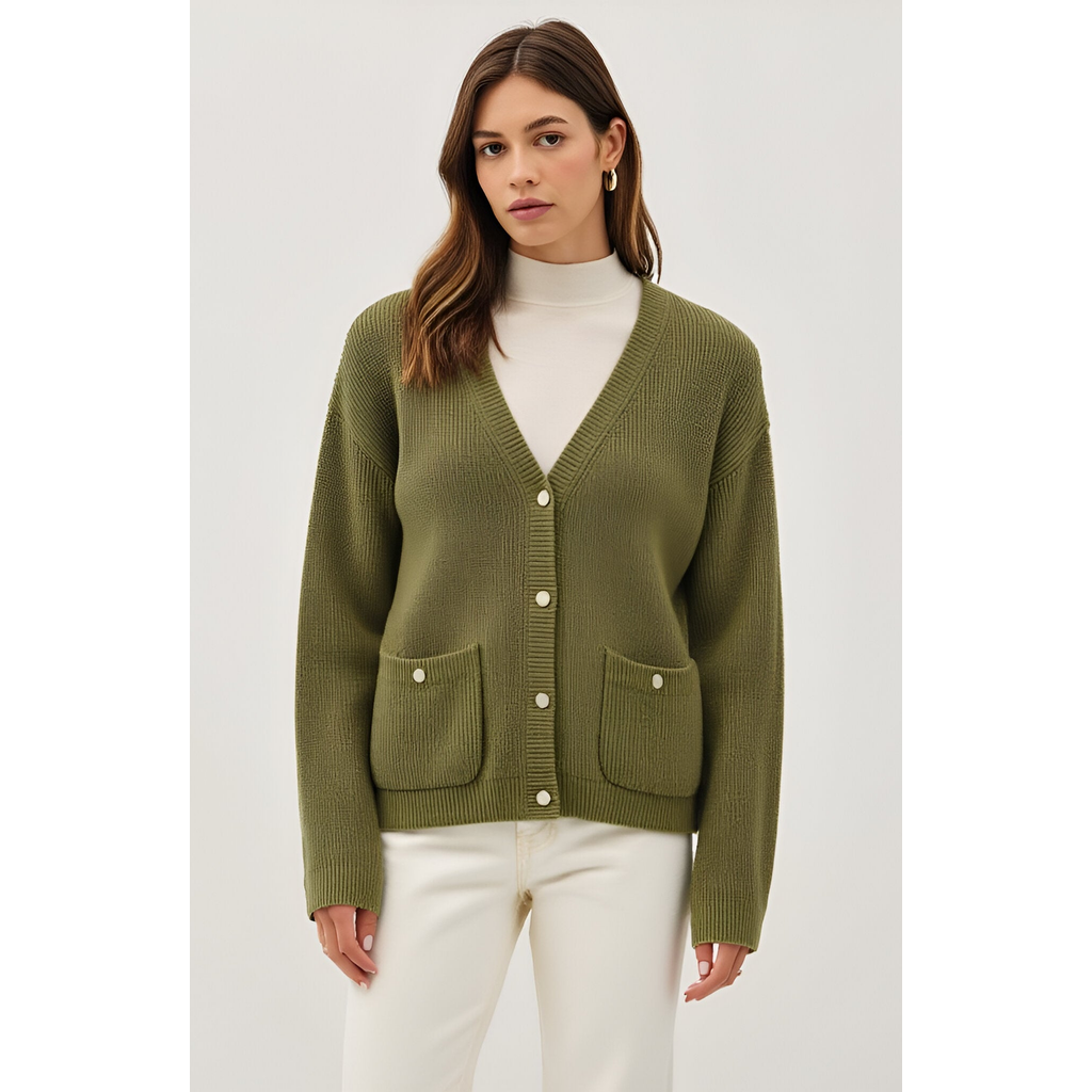 Modenaire Ribbed Button Down Cardigan In Green