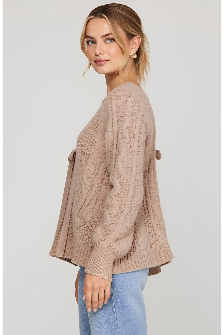 Cable Knit Cardigan with Tie-Front Detail, Alternate, color, Beige