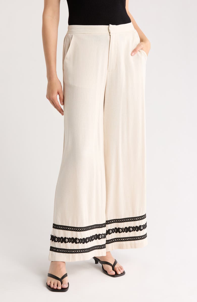 Love By Design Embroidered Wide Leg Pants, Main, color, Natural/ Black