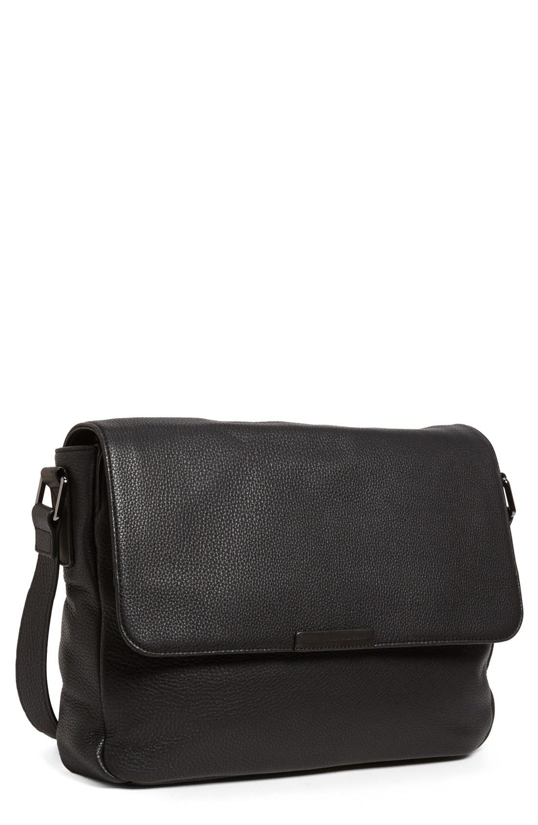 Leather Messenger Bag, Main, color, BLACK