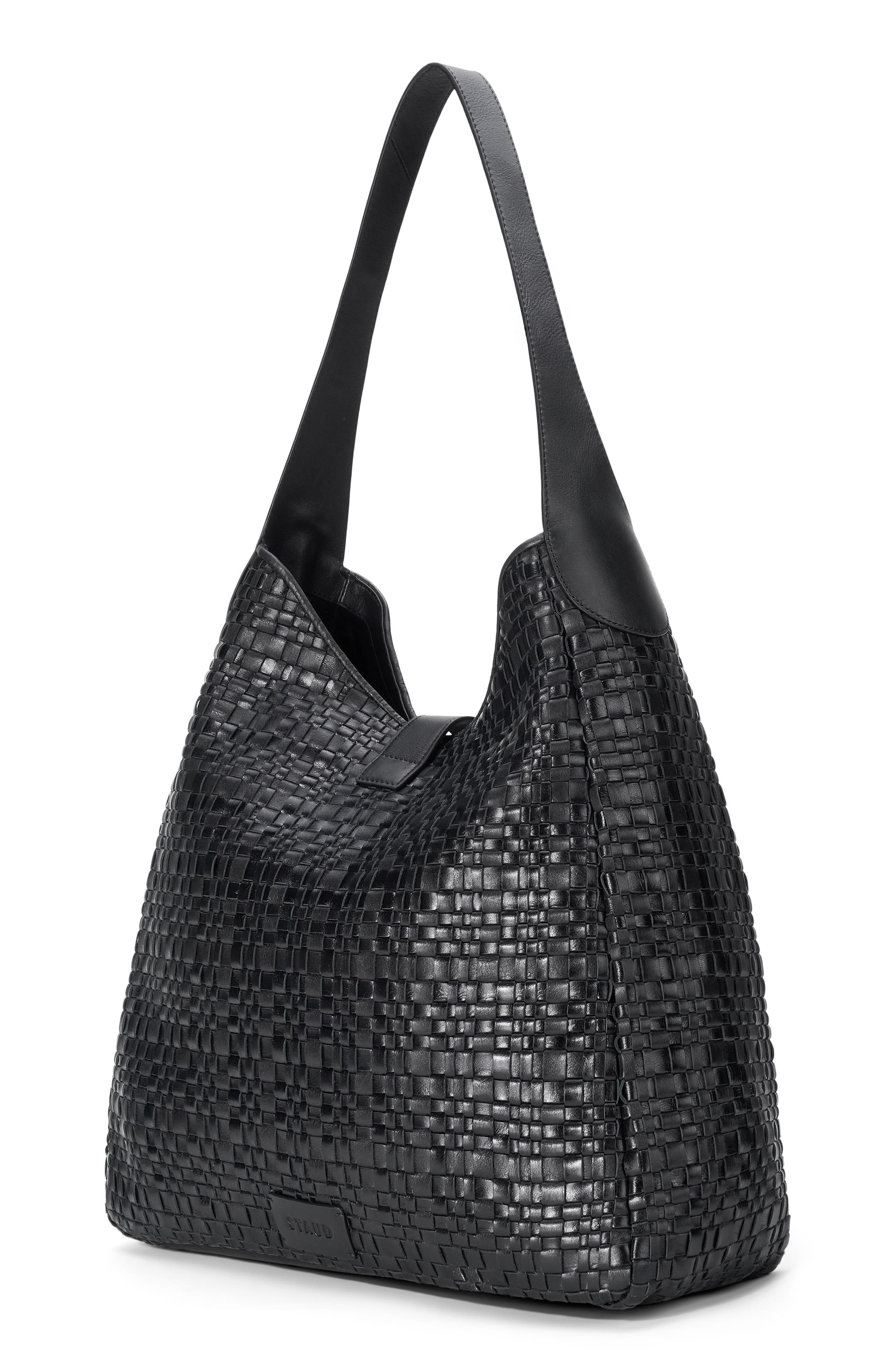 STAUD Maya Leather Shoulder Bag, Alternate, color, Black Woven