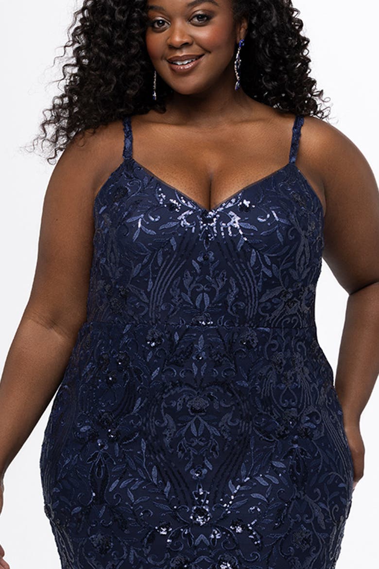 Fitted Stretch Sequin Formal Dress, Alternate, color, Navy