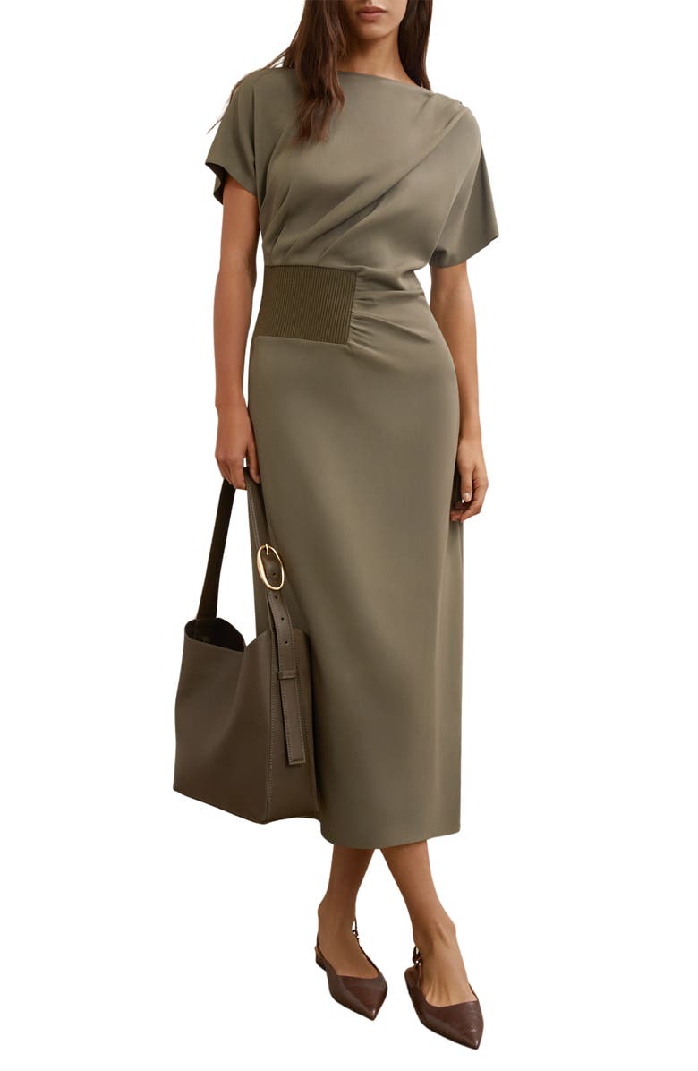 Reiss Etta Rib Detail Drape Dress, Main, color, Khaki Green