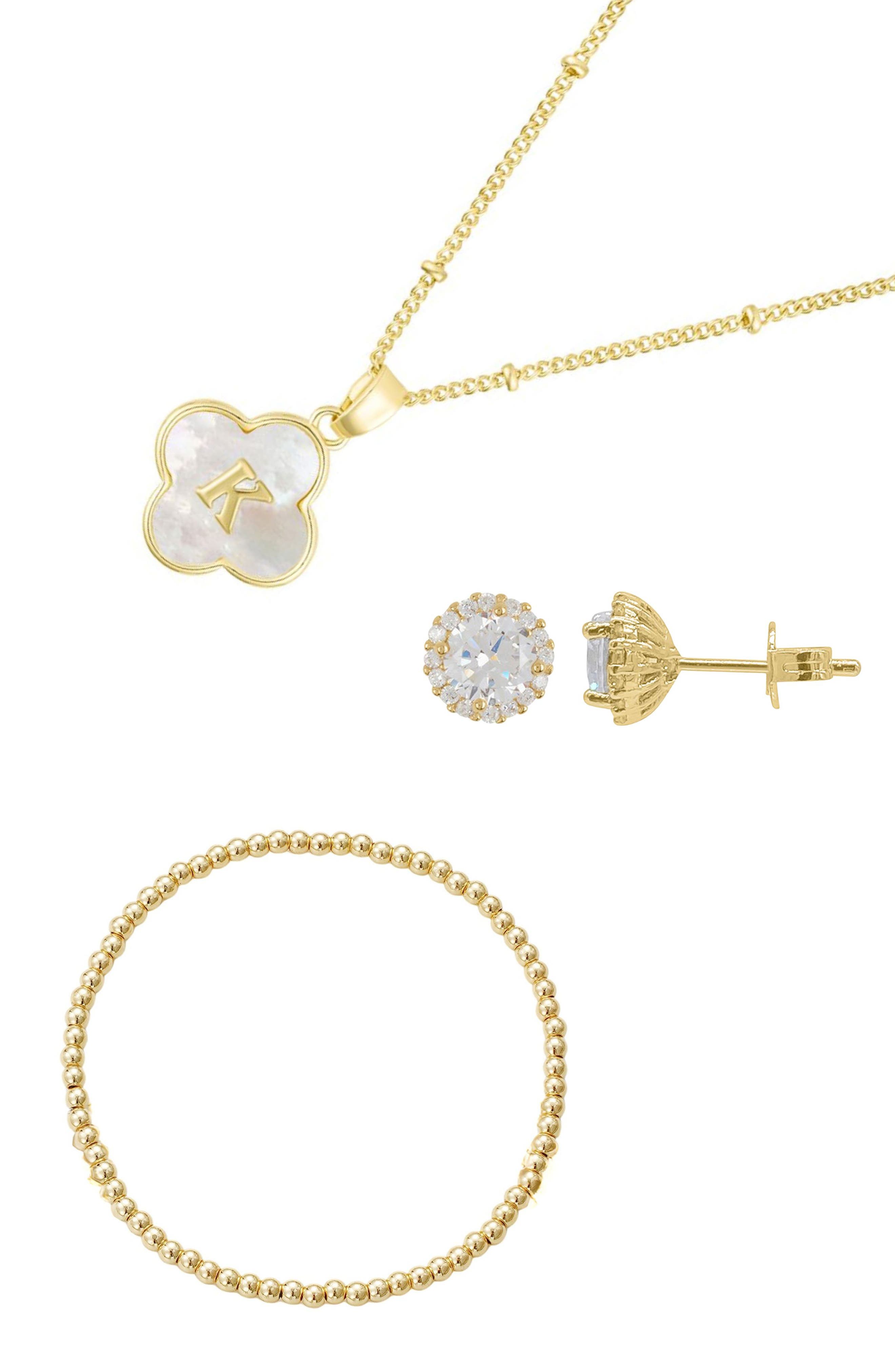 3-Piece Initial Mother-of-Pearl & Cubic Zirconia Jewelry Set