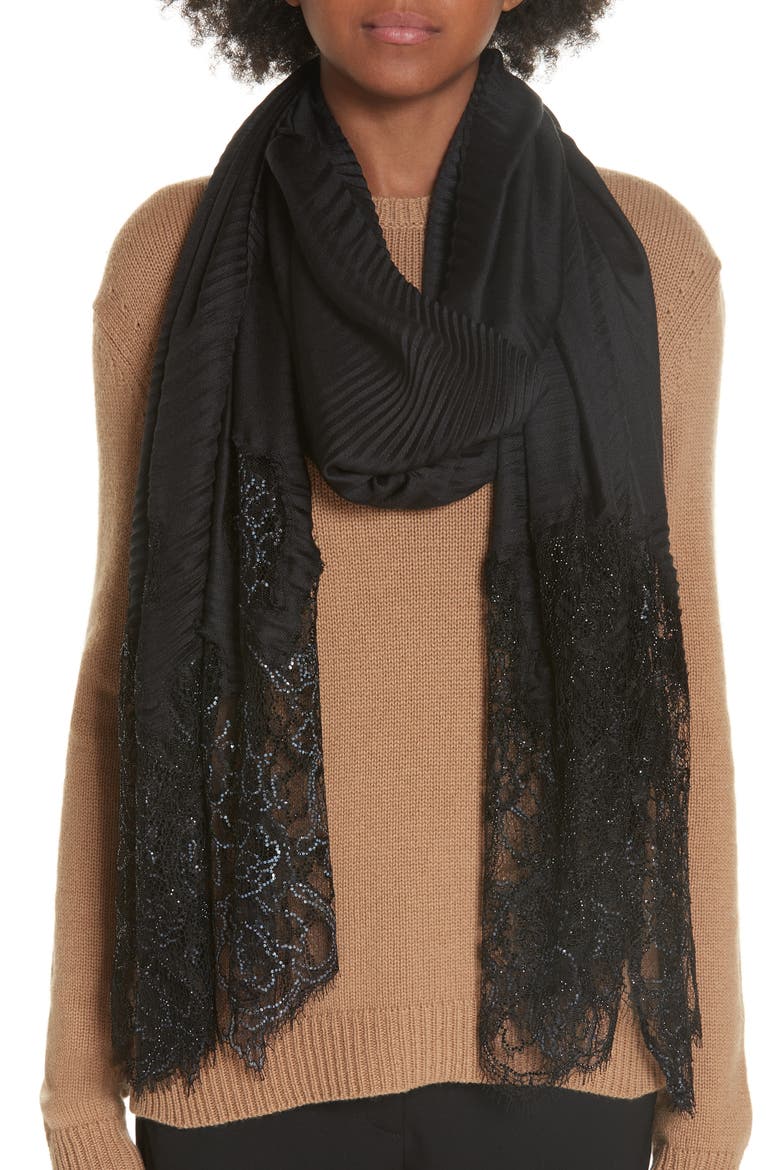 Valentino Lace Plissé Wrap, Alternate, color, BLACK