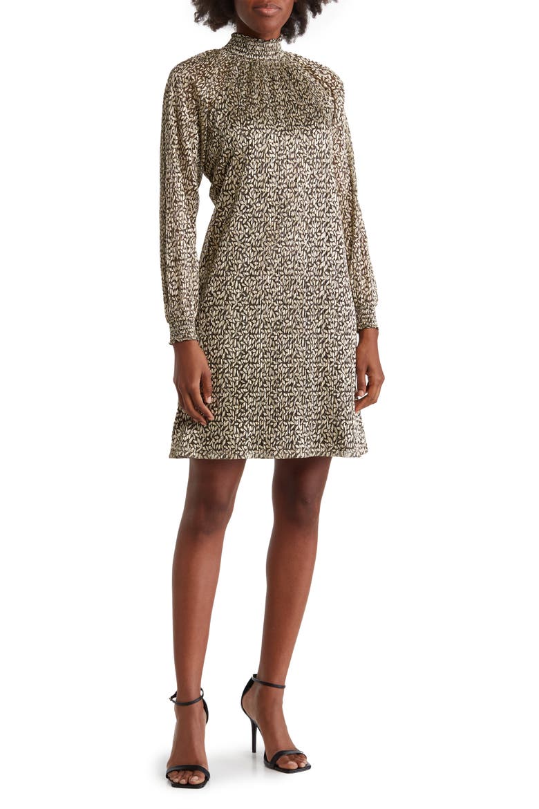 Smock Neck Float Foiled Print Trapeze Cocktail Dress, Main, color, BLACK/GOLD