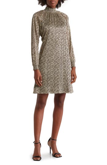 Nina Leonard Smock Neck Float Foiled Print Trapeze Cocktail Dress In Brown