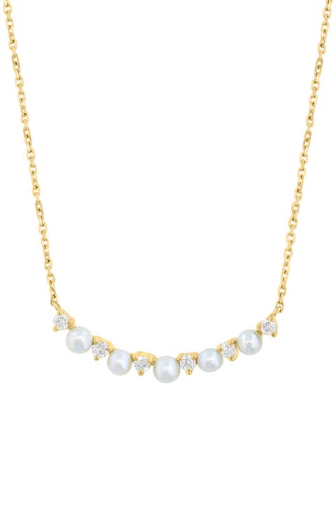Diamond & Freshwater Pearl Curved Bar Pendant Necklace