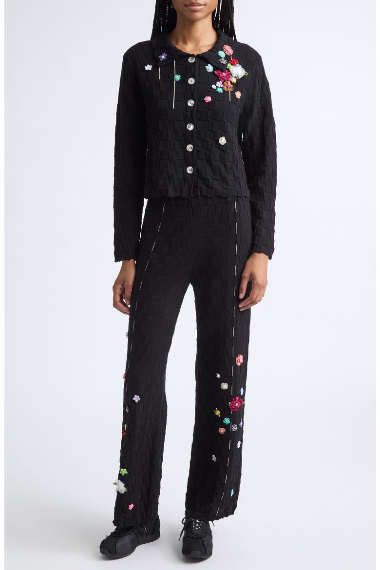 Floral Check Organic Cotton Sweater Pants, Alternate, color, BLACK