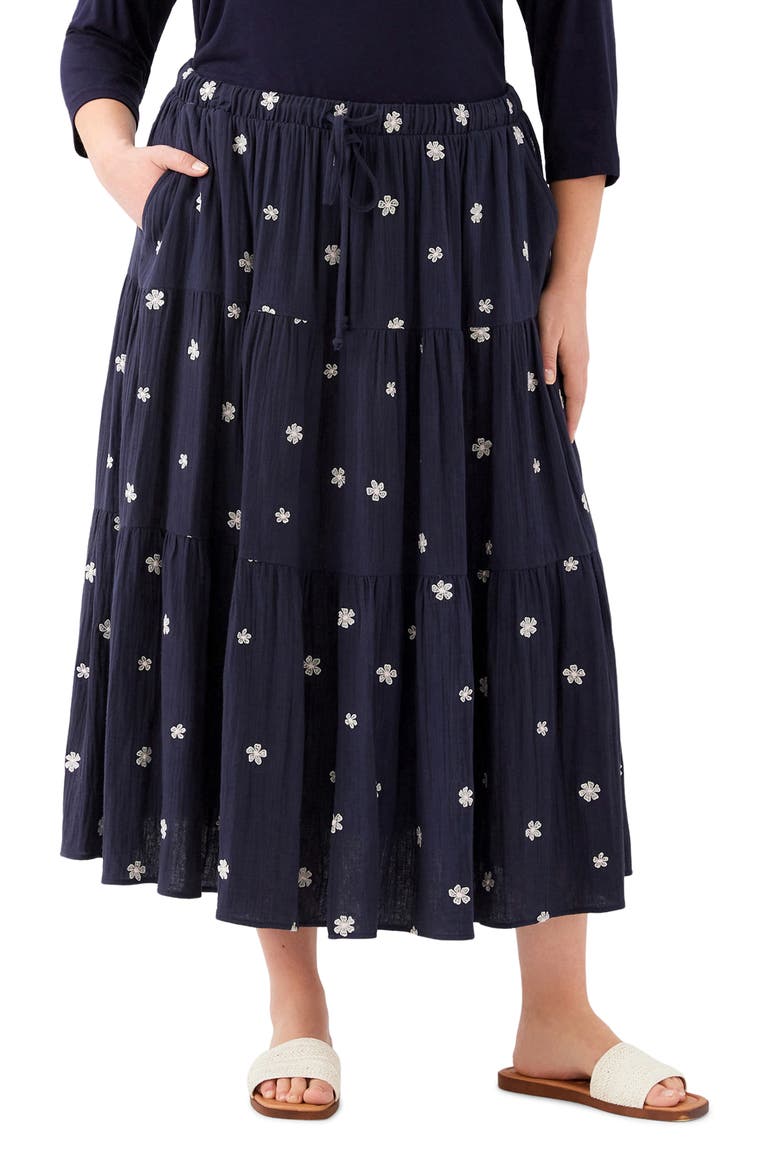 Floral Embroidered Tiered Cotton Midi Skirt, Alternate, color, NAVY