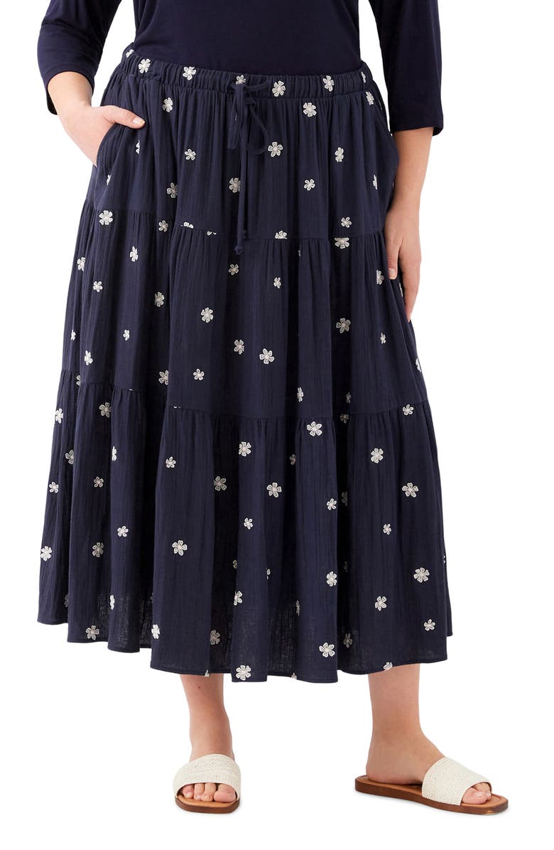 Karen Kane Floral Embroidered Tiered Cotton Midi Skirt, Alternate, color, Navy