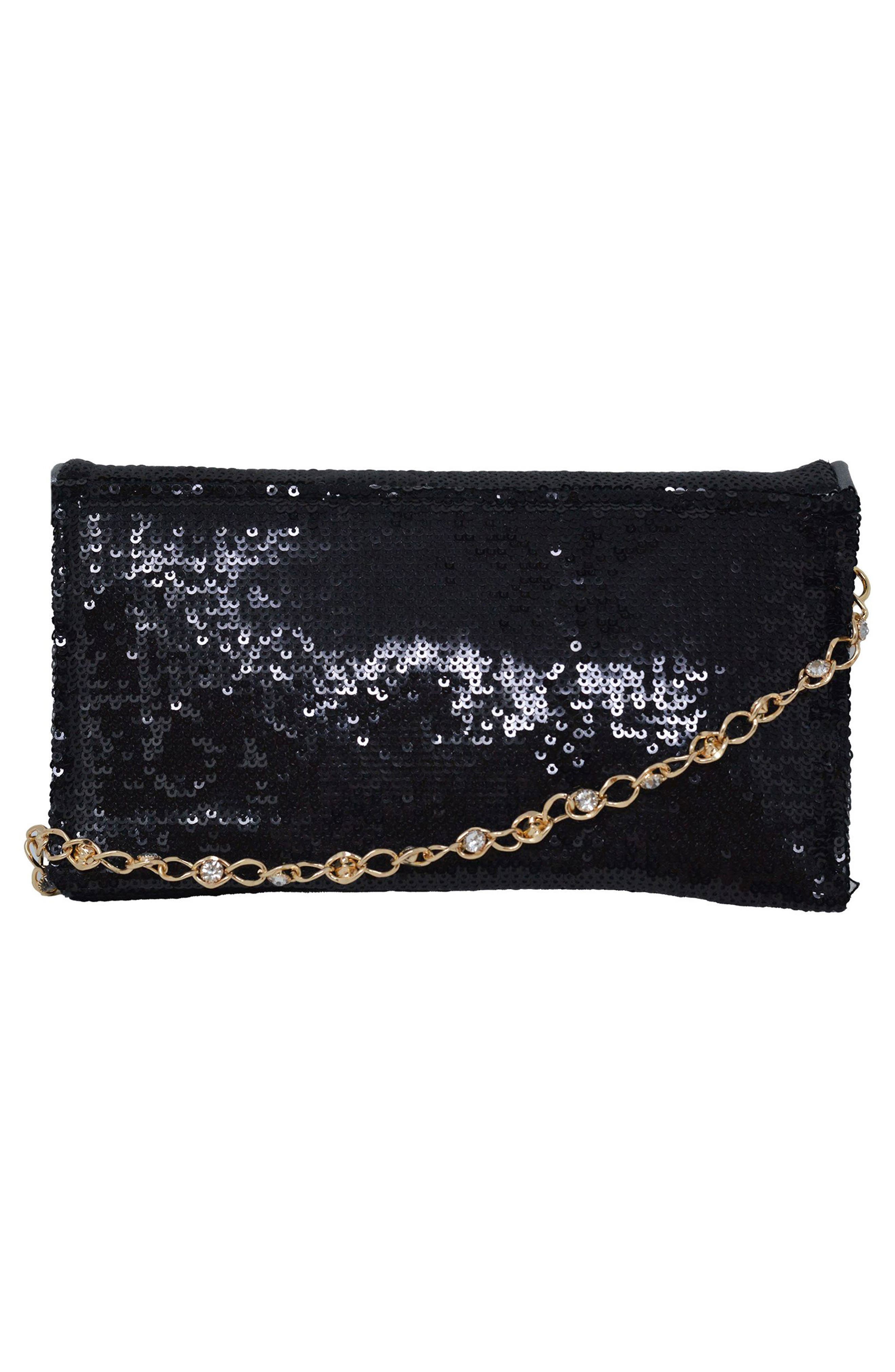 bebe Miro Sequin Clutch, Alternate, color, Black