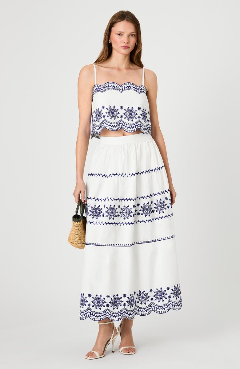 French Connection Alissa Embroidered Crop Cotton Top, Alternate, color, Linen White/ Indigo