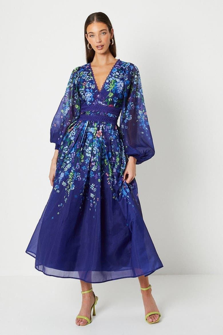 Organza Floral Lace Trim Midaxi Dress, Main, color, Navy
