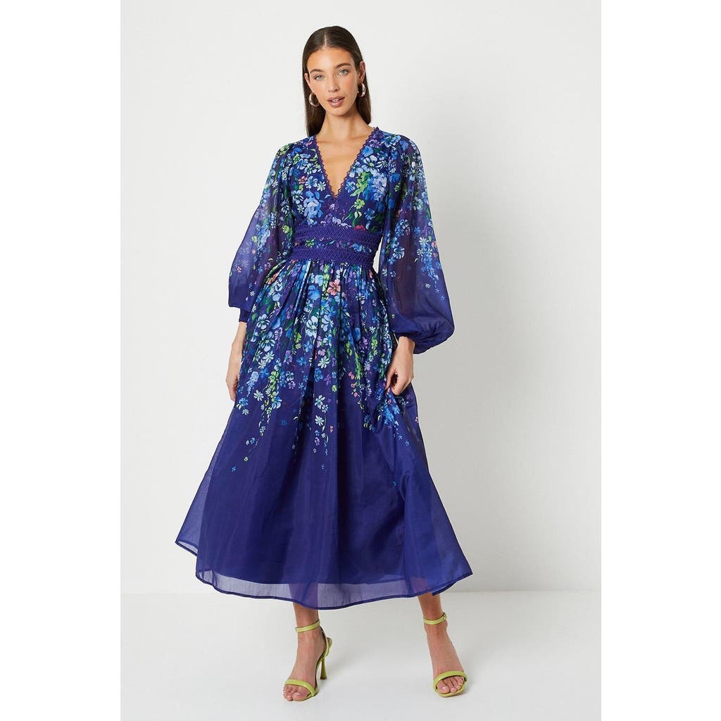 Coast Organza Floral Lace Trim Midaxi Dress In Blue