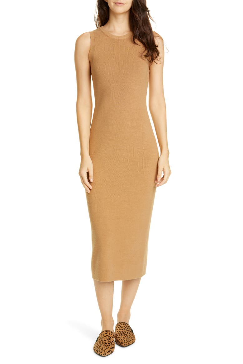 Sleeveless Cotton & Cashmere Blend Sweater Dress, Main, color, CAMEL