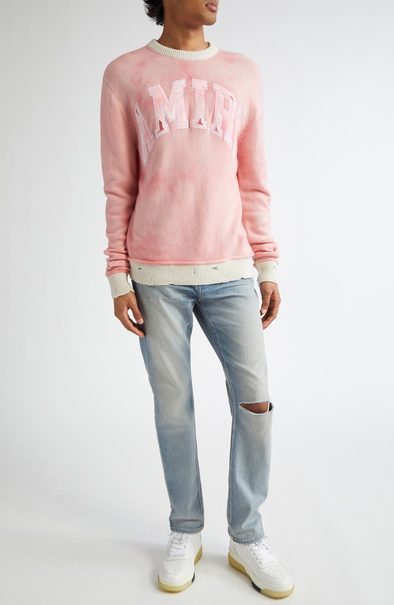 AMIRI Logo Appliqué Distressed Cashmere Crewneck Sweater, Alternate, color, Flamingo Pink