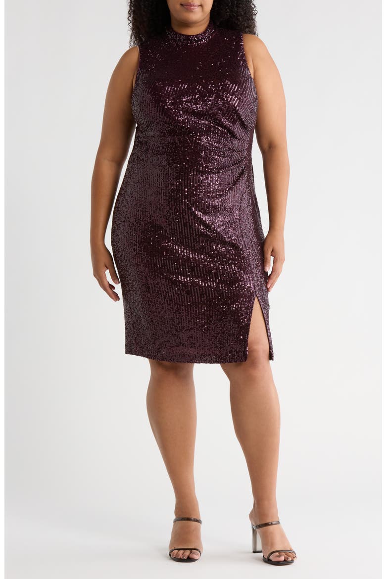 Sleeveless Ruched Sequin Midi Dress, Main, color, PLUM