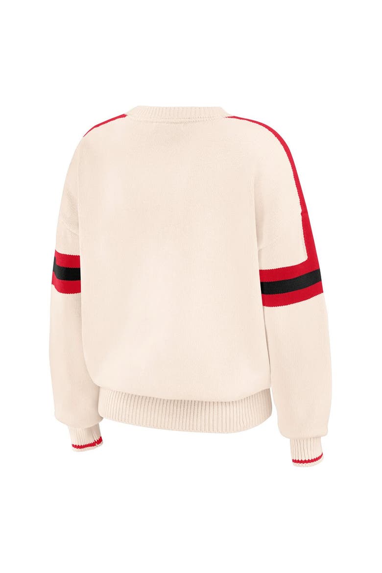 Women's WEAR by Erin Andrews  Cream Nebraska Huskers Chenille Woven Patch Stripe Pullover Sweater, Alternate, color, Cream