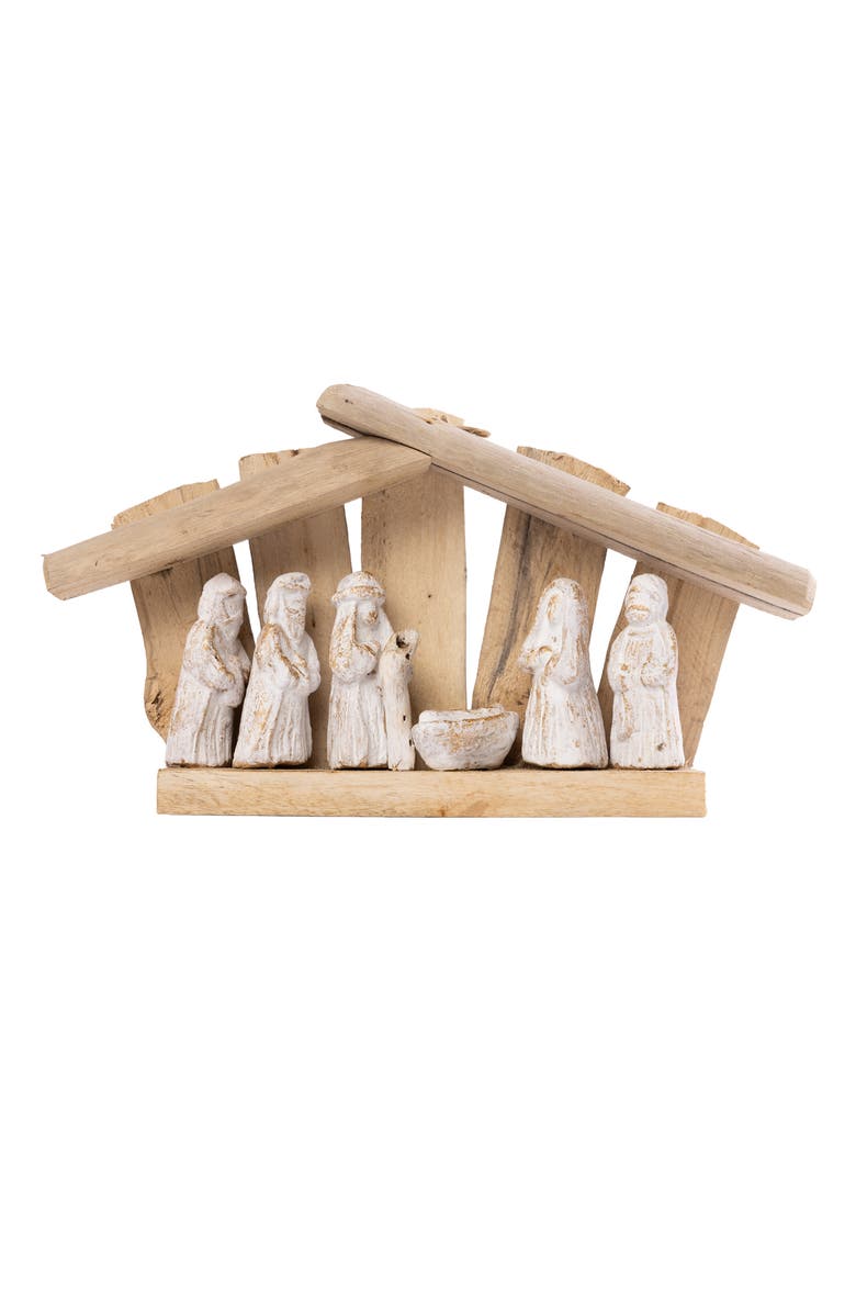 Transpac Driftwood Nativity Set White Wash Wooden Figurines Christmas Decor, Main, color,