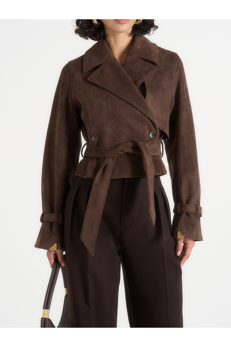 Poppy Belted Cropped Suede Trench Jacket, Main, color, Brown