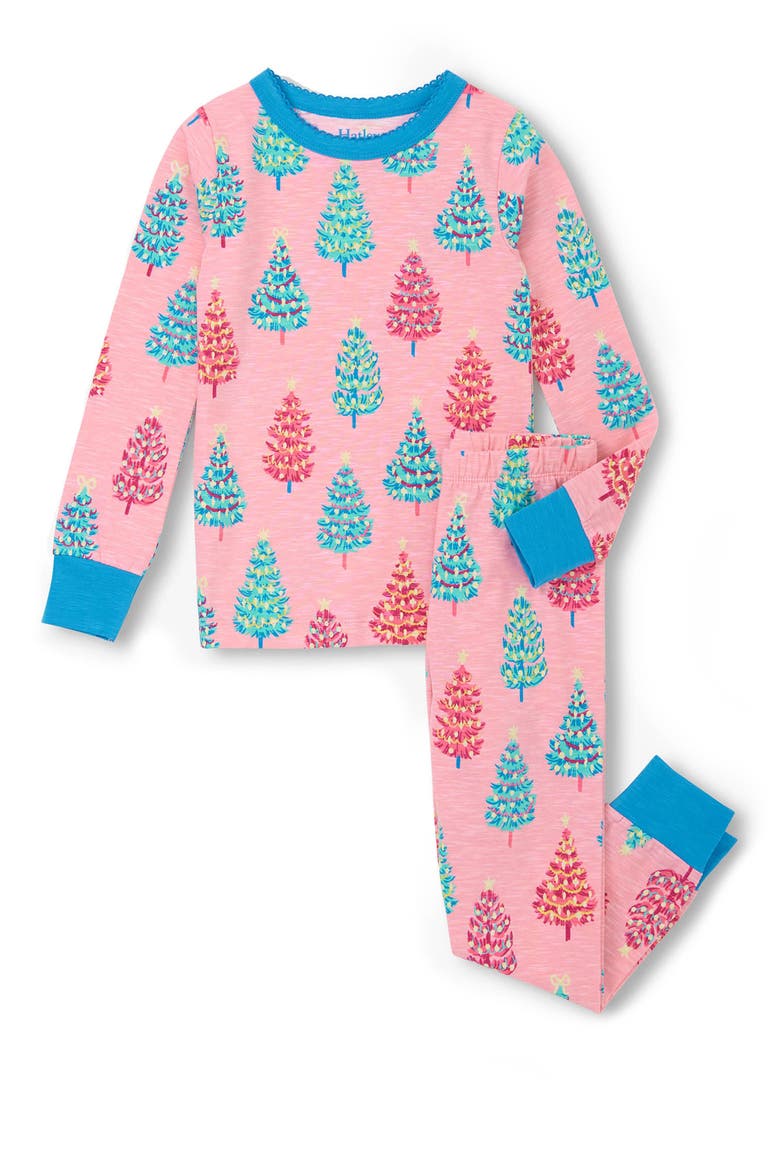 Kids' Christmas Tree Cotton Fitted Two-Piece Pajamas, Main, color, ROSE SHADOW