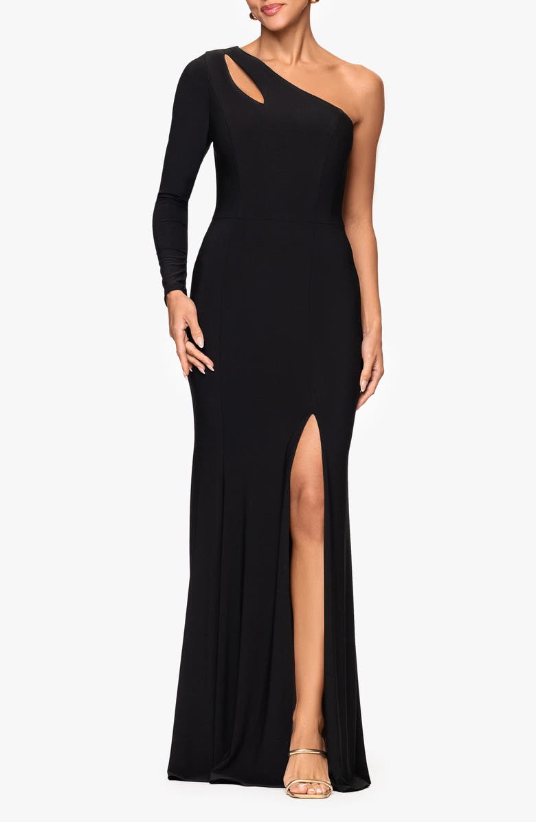 Xscape Evenings Cutout One-Shoulder Single Long Sleeve Mermaid Gown, Main, color, Black