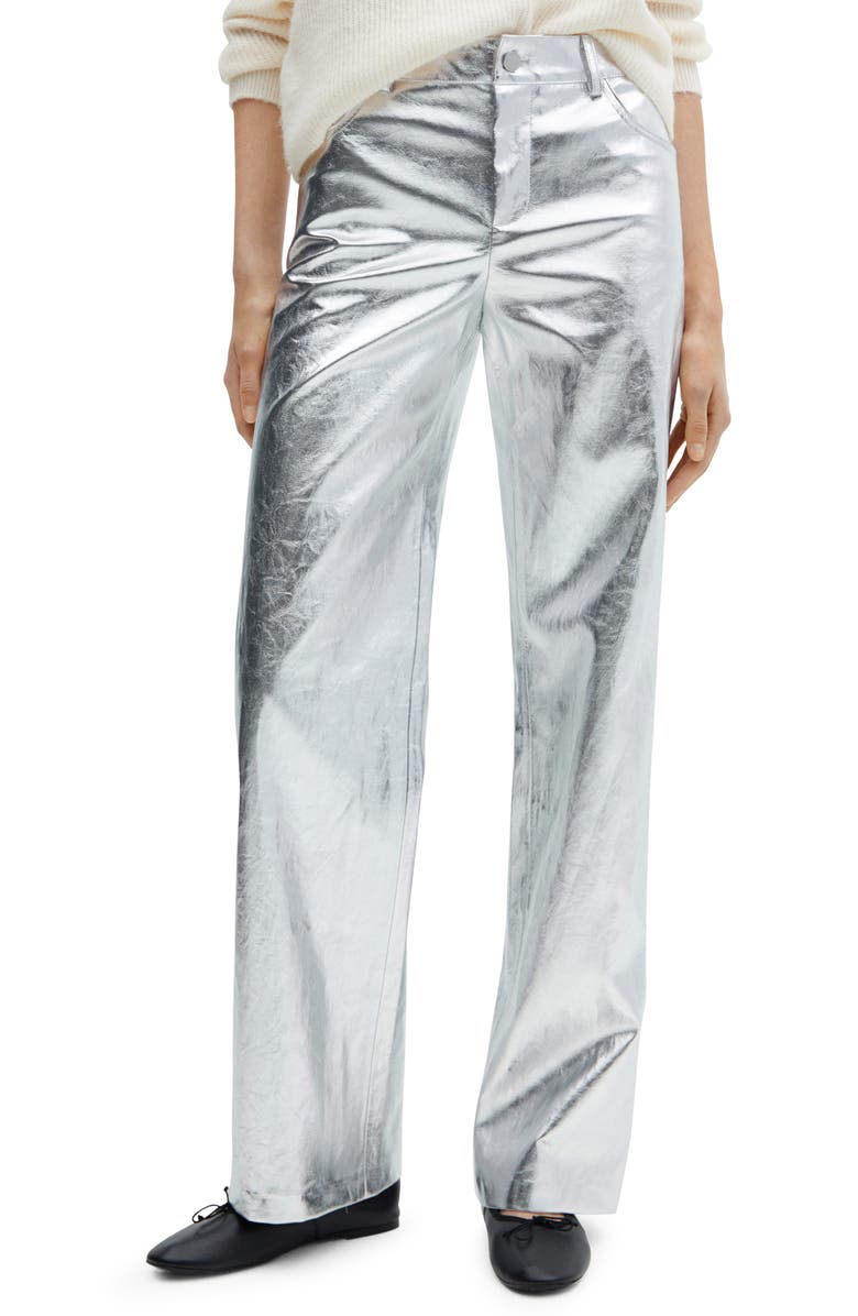 MANGO Metalllic Wide Leg Pants, Main, color, Silver