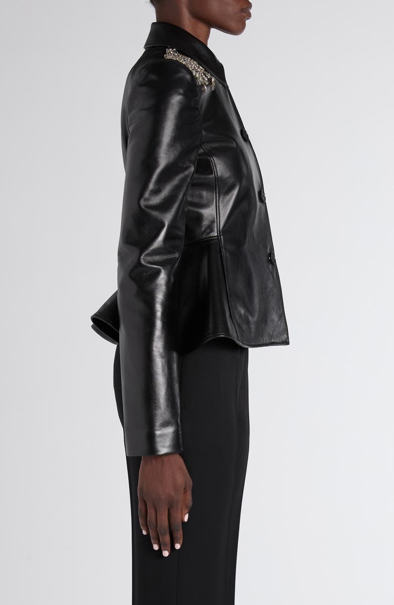 McQueen Crystal Embroidered Leather Peplum Jacket, Alternate, color, Black