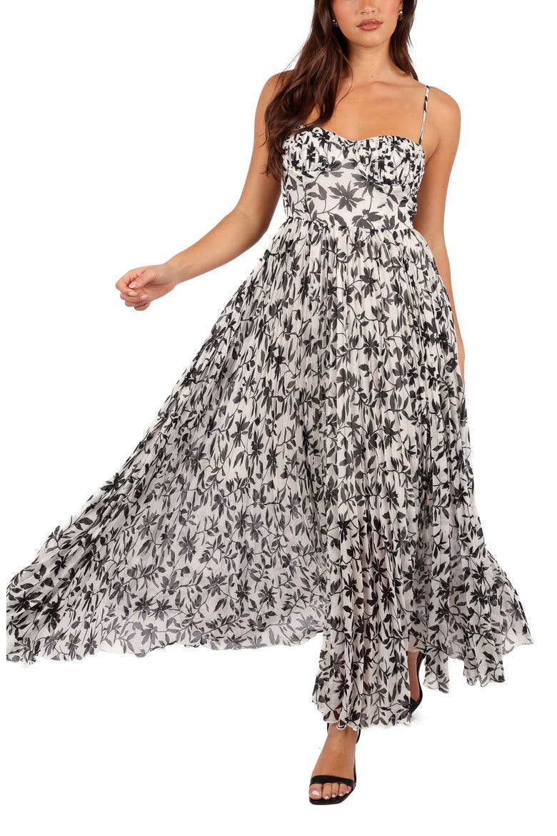 Achanti Floral Pleated Maxi Dress, Main, color, WHITE BLACK FLORAL