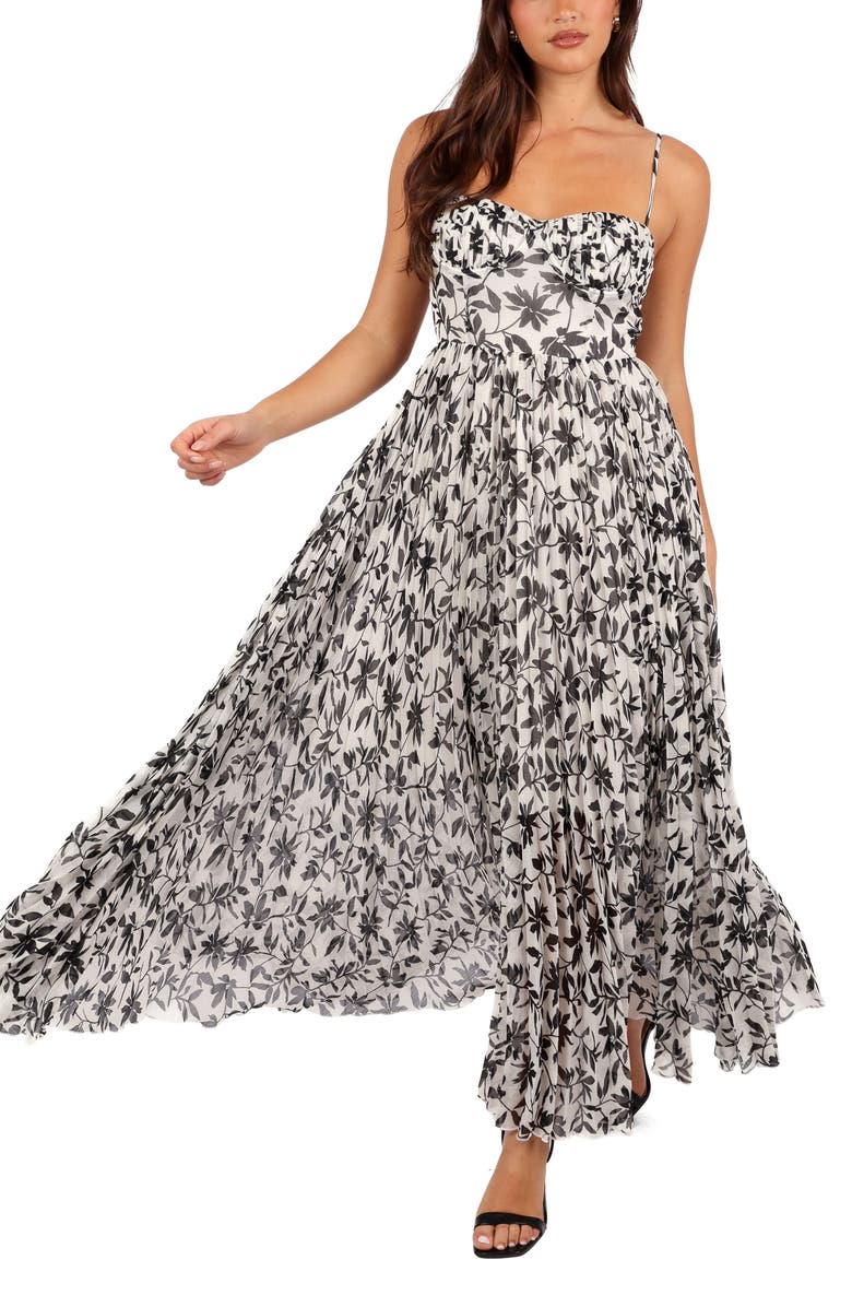 Petal & Pup Achanti Floral Pleated Maxi Dress, Main, color, White Black Floral