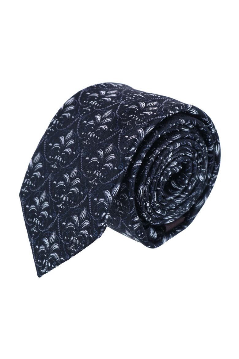 Domenico the Grande Damask Patterned Silk Necktie, Main, color, Black And Silver