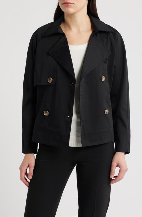 Short Double Breasted Cotton Blend Trench Coat (Regular & Petite)