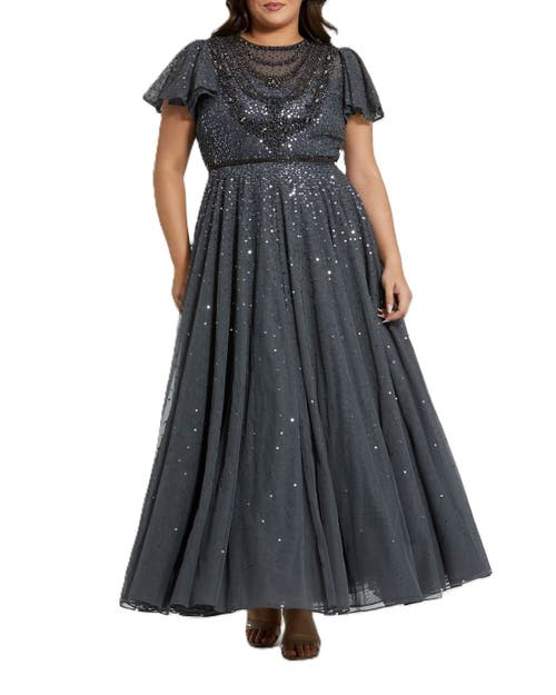 Mac Duggal Sheer Flutter Sleeve Beaded Fluffy Net Gown In Charcoal