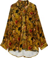 R13 Drop Neck Oversize Floral Velvet Button-Up Shirt