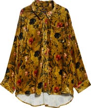 R13 Drop Neck Oversize Floral Velvet Button-Up Shirt