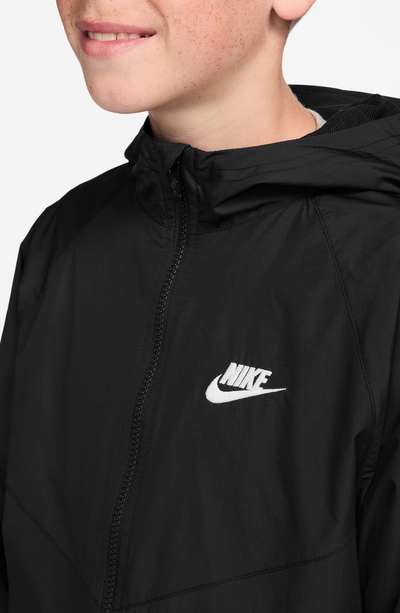Nike Kids
 Windrunner Water Repellent Hooded Zip-Up Jacket, Alternate, color, Black/ Black/ White