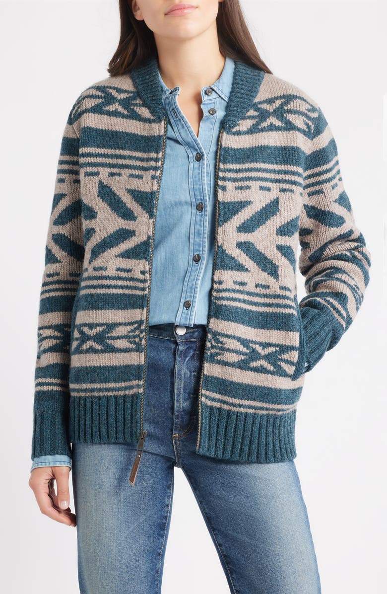 Pendleton Graphic Wool Zip Cardigan, Main, color, Teal Heather