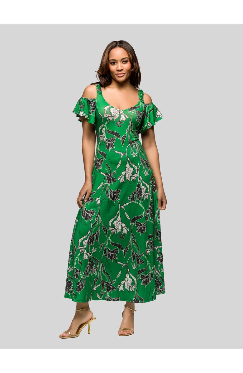 24seven Comfort Apparel Green Floral Cold Sholder Ruffle Sleeve A-Line Maxi Dress, Main, color, Green Multi