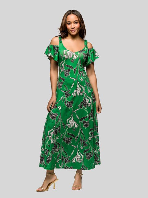 Green Floral Cold Sholder Ruffle Sleeve A-Line Maxi Dress