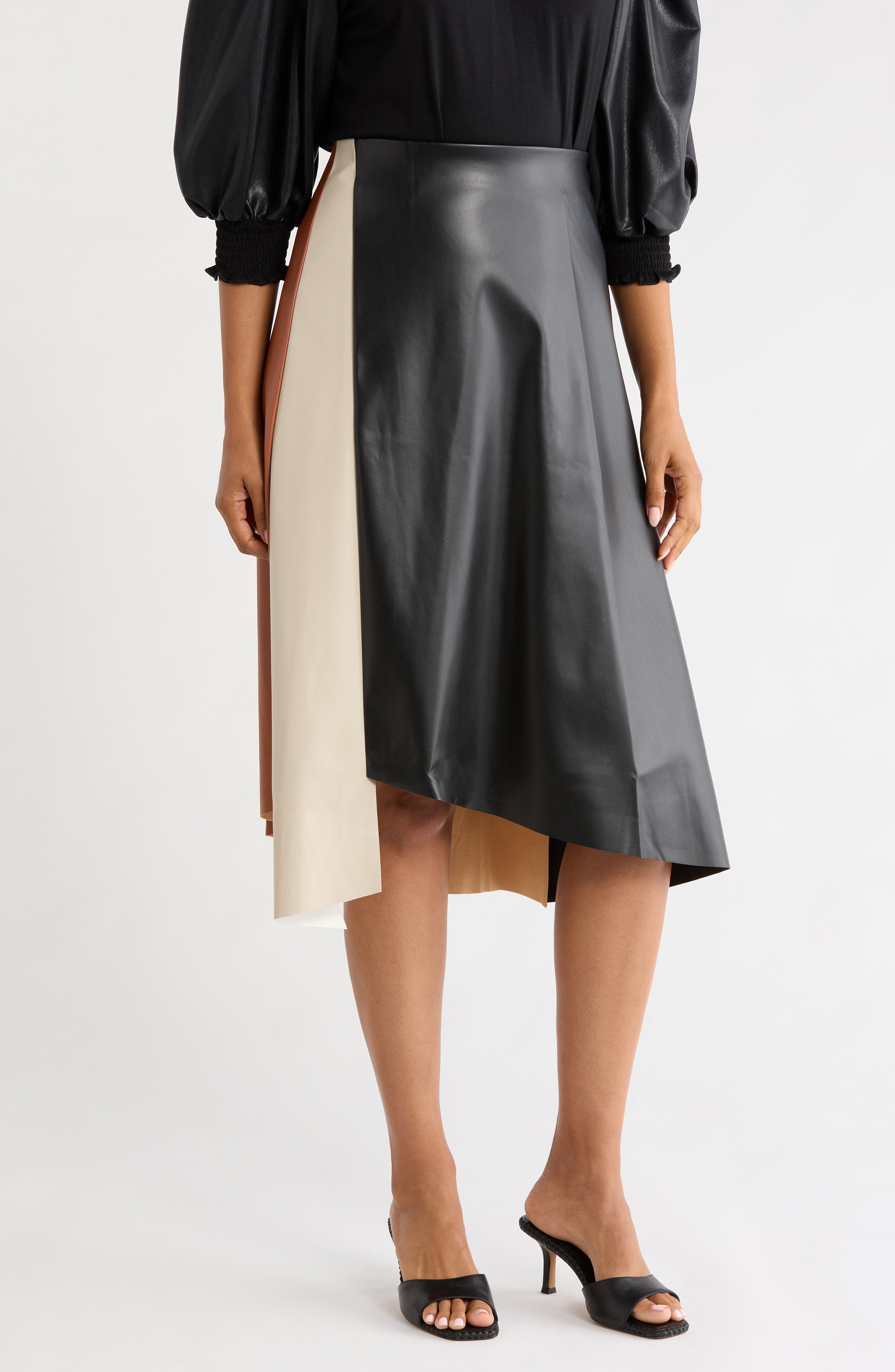 Paneled Faux Leather Midi Skirt