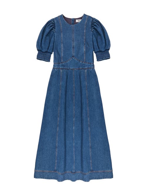 Ro&zo Denim Short Puff Sleeve Midi Dress In Blue