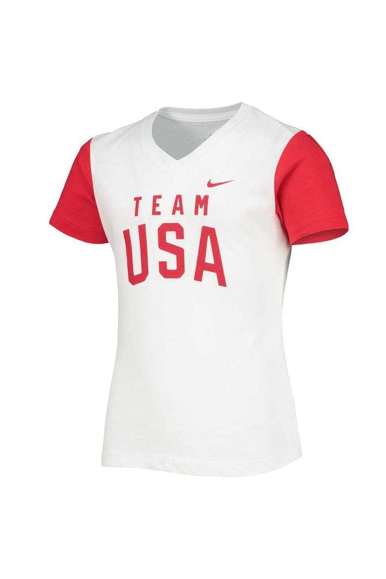 Girls Youth Nike White/Red Team USA Color Block V-Neck T-Shirt, Alternate, color, White
