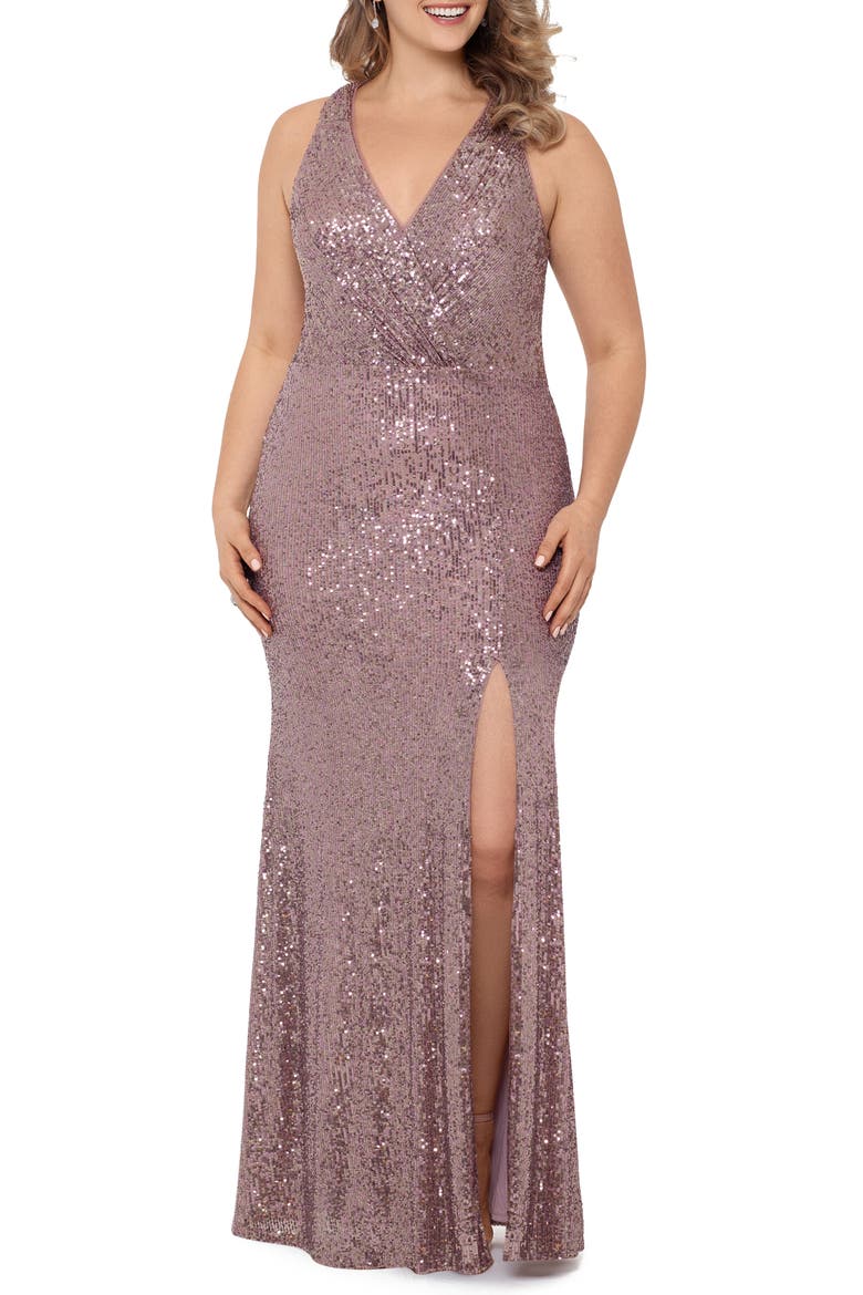 Xscape V-Neck Sleeveless Sparkle Column Gown, Main, color, MAUVE