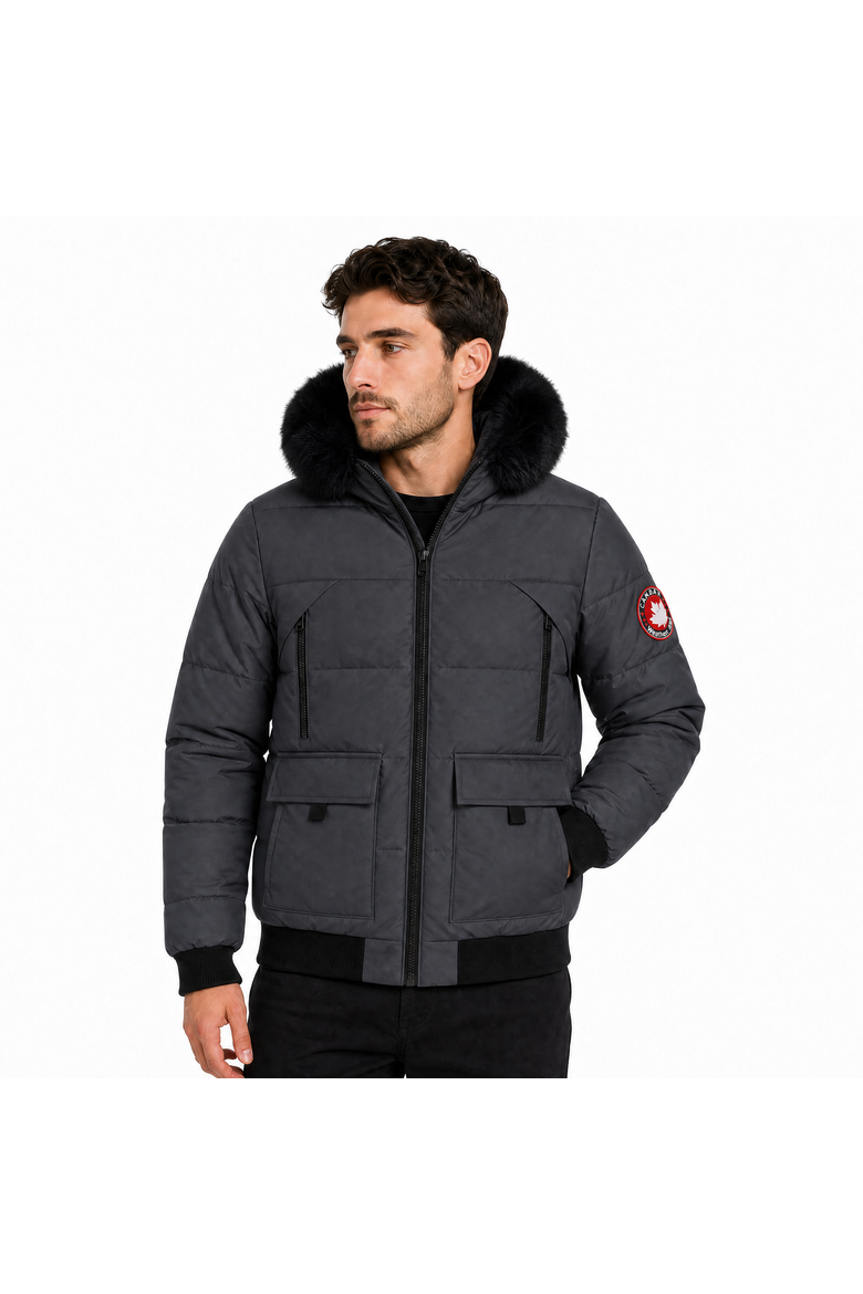 Men's Faux Fur Hood Insulated Bomber Puffer Jacket, Main, color, Black