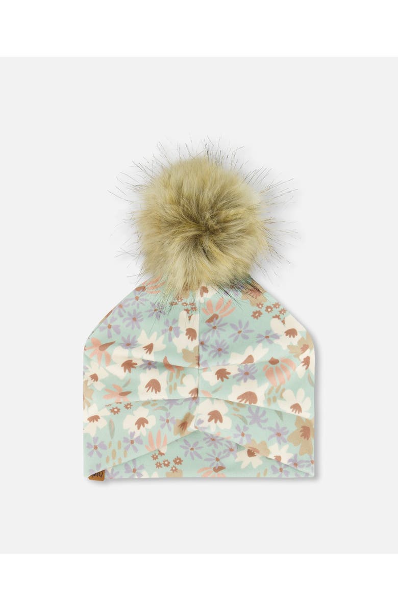 Deux par Deux Girl's Printed Jersey Detachable Pompom Hat Small White Flowers On Turquoise And Lilac, Alternate, color, 
