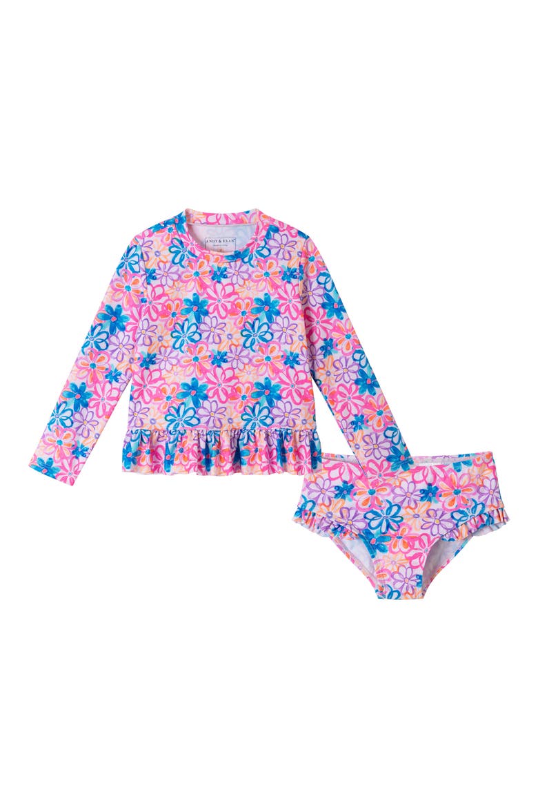 Kids' Ruffle Long-Sleeve Rib Two-Piece Swimsuit, Main, color, BLUE
