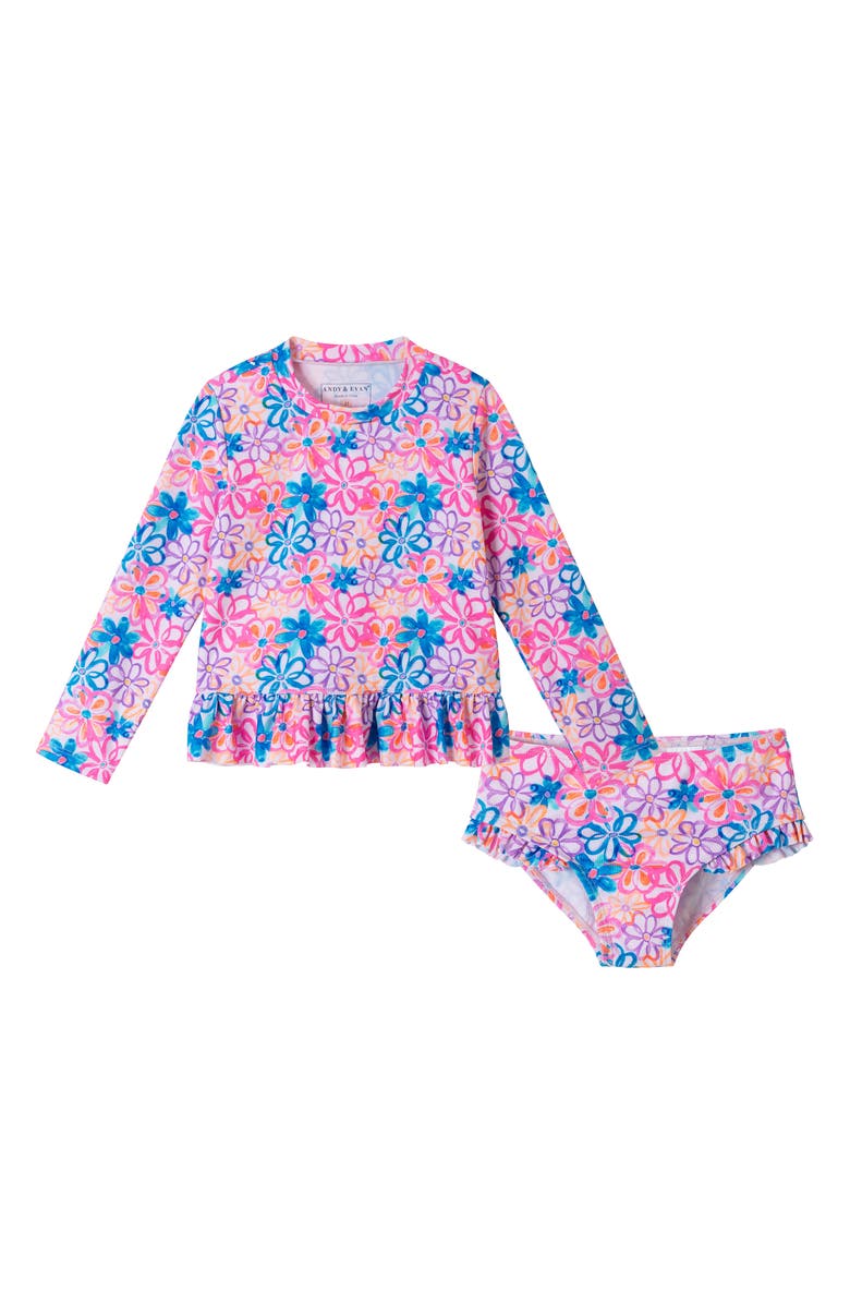 Andy & Evan Kids' Ruffle Long-Sleeve Rib Two-Piece Swimsuit, Main, color, Blue
